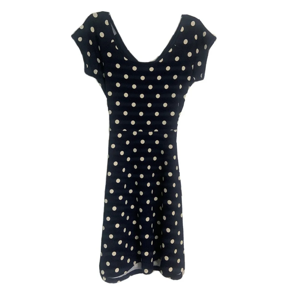 Gilli Navy Blue Polka Dot Skater Dress Back Cutout Cap Sleeve Fit Flare Medium